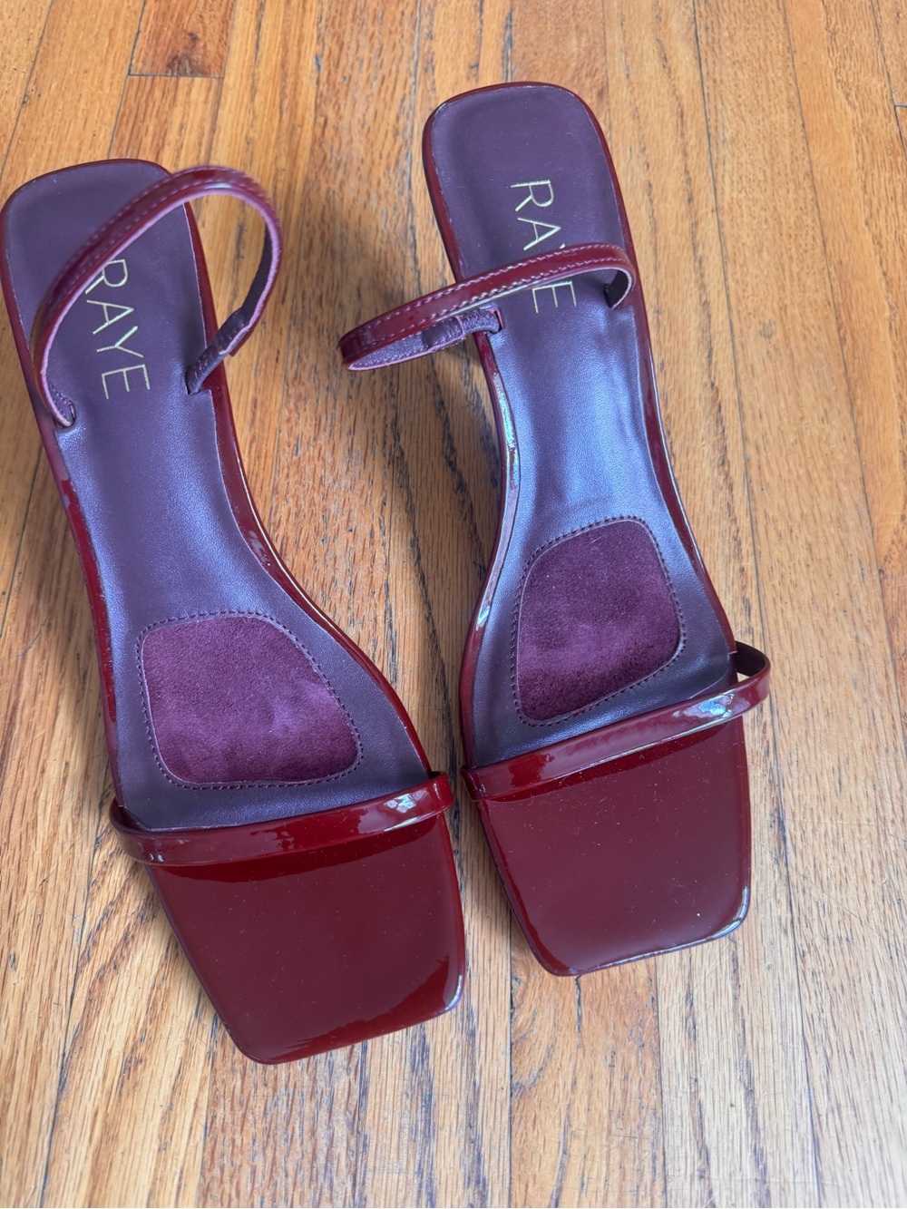 RAYE Glossy Wine Red Square-Toe Heeled Sandals